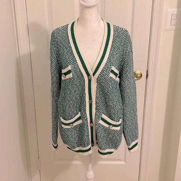 Maje Maitresse Green Lurex Metallic Threaded Cardigan Sweater Size 3, US Large - Picture 5 of 16